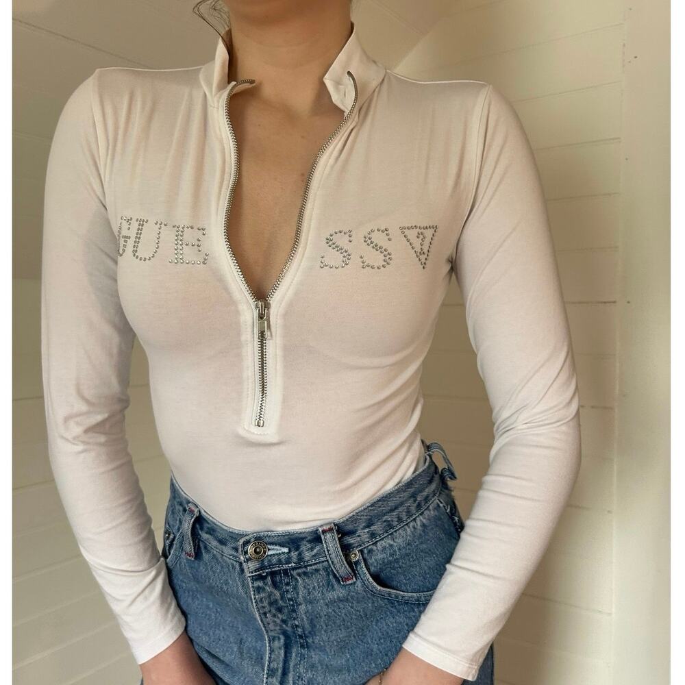 Guess white rhinestone quarter zip long sleeve bodysuit